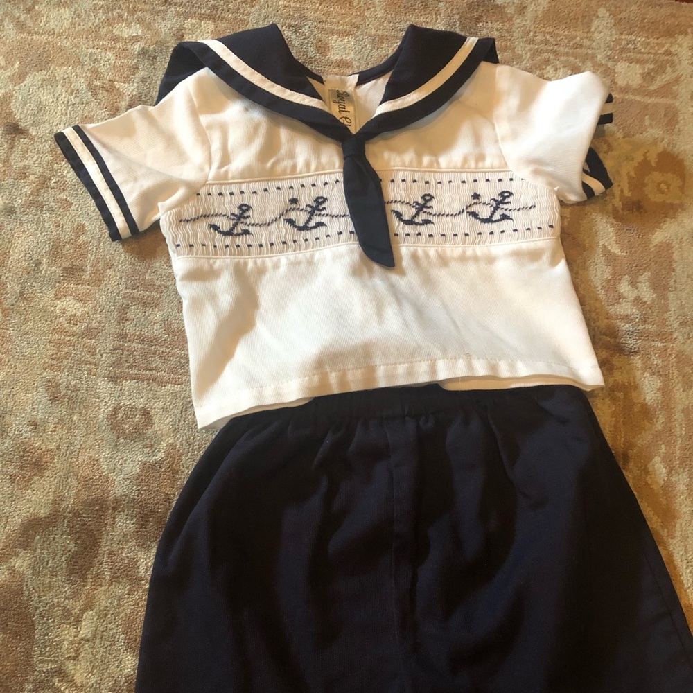 Boys sailor suit set, smocked anchors. Navy white